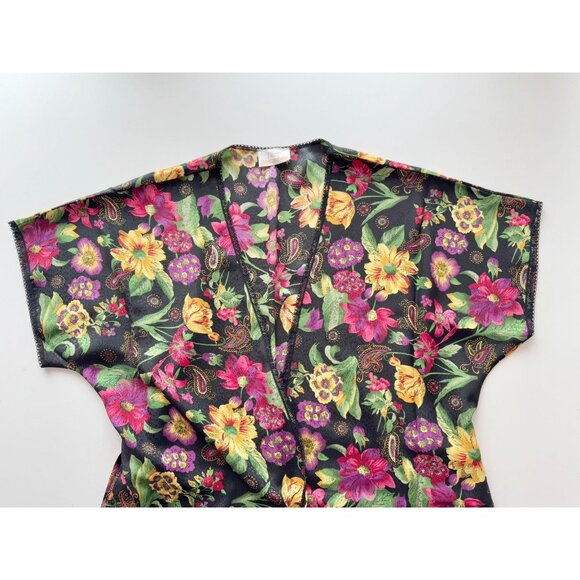 NWOT Vintage LINDA for LA VIE EN ROSE Black Floral Chiffon Kimono Robe, One Size - Picture 6 of 11